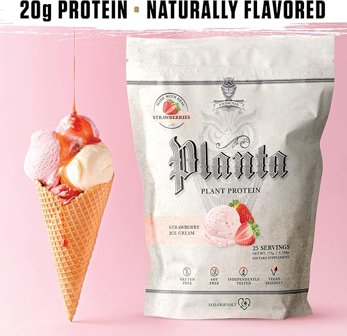 Ambrosia Planta - Plant-Based Protein Powder 20g | Dairy Free Vegan Protein Powder with BCAA Amino Acids | Keto-Friendly No Added Sugar | 25 Servings | Strawberry Ice Cream
