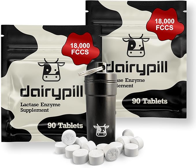 DairyPill Lactase Enzyme 18000 FCCs per Pill 180 Count Solution for Lactose Intolerance Portable Easy to Swallow Preservative and Gluten Free American Made Non GMO