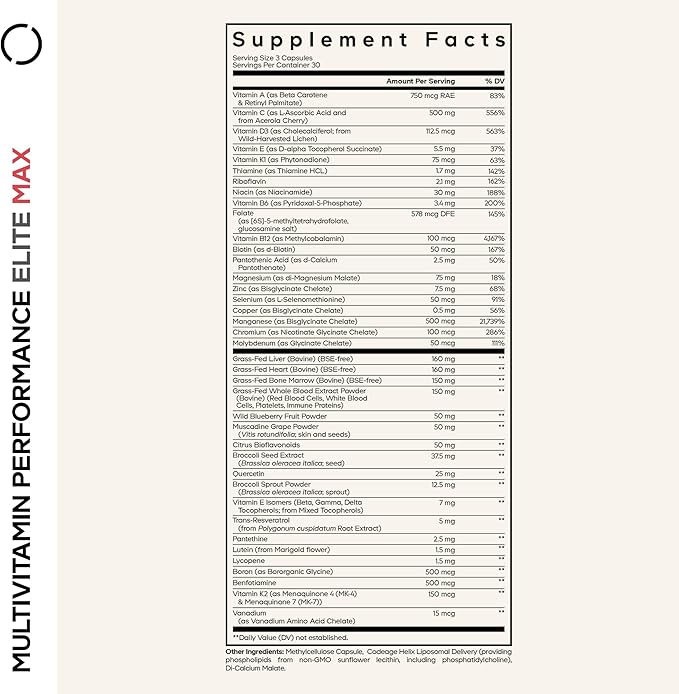 Codeage Multivitamin Performance Elite Max Supplement - Vitamins A B6 B12 C D E Vitamin K (MK-4 MK-6 MK-7 MK-9) Essential Minerals Botanical &amp Grass-Fed Organ Extracts Lutein - 90 Caps