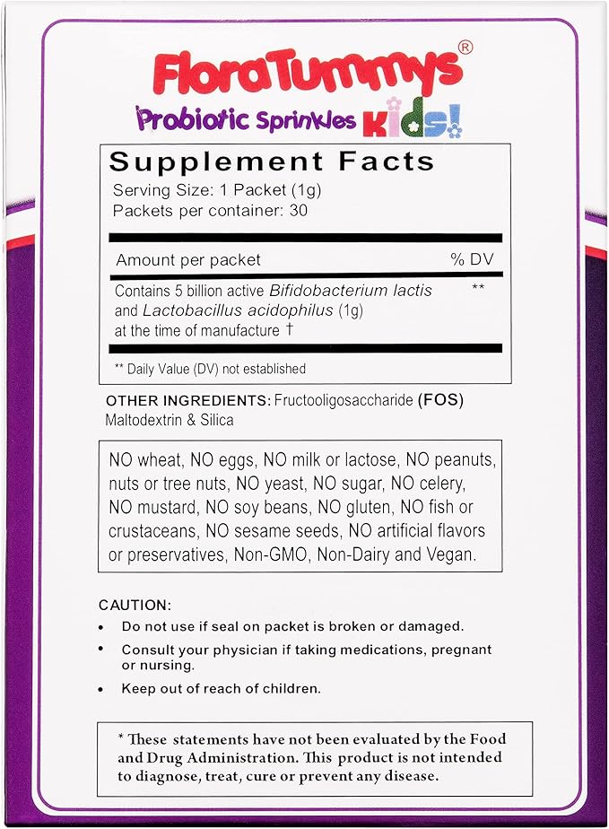 FloraTummys Probiotics for Kids: 30 Taste-Free Powder Packets Free of Food Allergens Non-Dairy Gluten Free Sugar Free Non-GMO Vegan