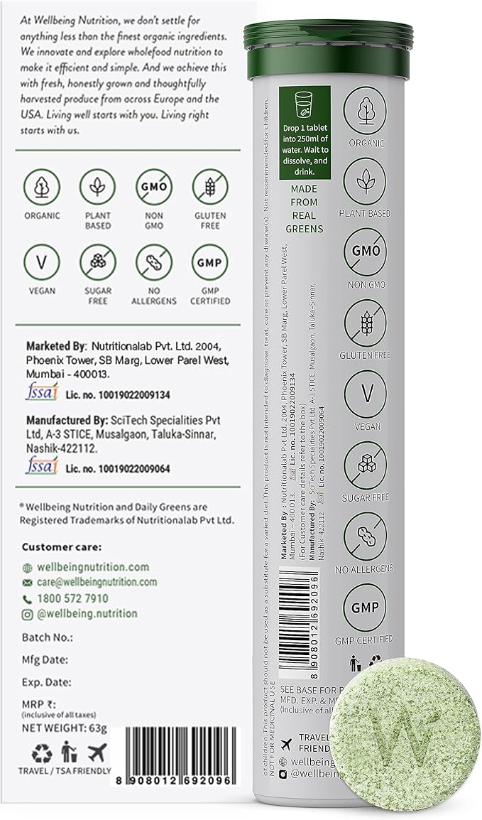 WELLBEING NUTRITION Daily Greens Wholefood Multivitamin with Vitamin C Zinc B6 B12 for Immunity and Detox with 39+ Organic Certified Plant Superfoods &amp Antioxidants(15Tabs x 2) (63 g (Pack of