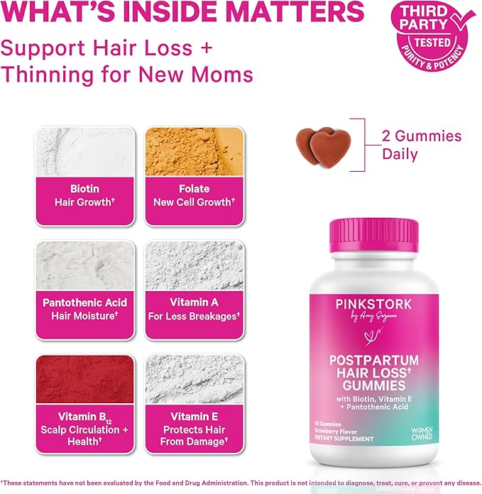 Pink Stork Postpartum Hair Loss Gummies | Biotin Pantothenic Acid Vitamin E B6 B12 | Postnatal Hair Growth + Regrowth Support | Breastfeeding-Friendly | Postpartum Essentials | 60 Gummies