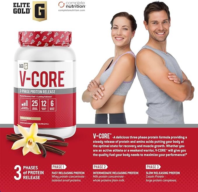 V-Core Protein Powder Protein Powder Keto Vanilla Whey Protein High Protein Casein Protein 25g Protein 12g EAAs 6g BCAAs 2 lb Tub (23 Servings)