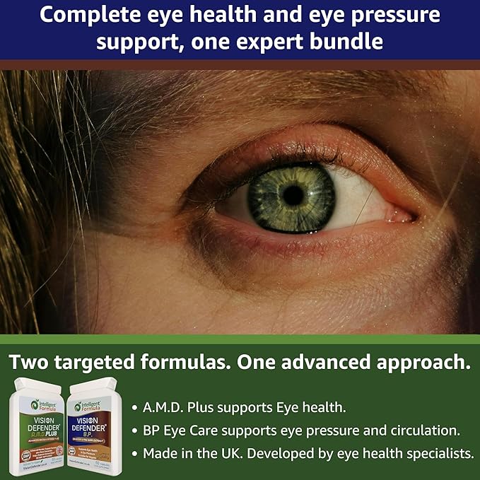 Vision Defender A.M.D. Plus &amp BP Eye Care Bundle – Advanced Eye Supplements with AREDS2 (Lutein Zeaxanthin Vitamin C &amp E Copper Zinc) Plus Meso-Zeaxanthin Bilberry Pine Bark. Made in UK