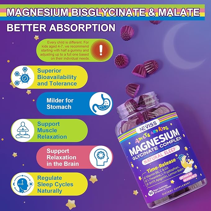 Magnesium Glycinate Gummies for Adults &amp Kids 4+ Sugar Free Magnesium Bisglycinate Supplement 400/200mg with B6D3 5HTP L-Theanine for Sleep &amp Relaxation Brain Muscle Melatonin Free Gummi