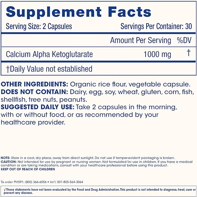 ProHealth Ca AKG Supplement (Alpha Ketoglutarate) (1000 mg per 2 Capsule Serving 60 Capsules). Supports Metabolic Function and Healthy Aging Processes. (Pack of 2)