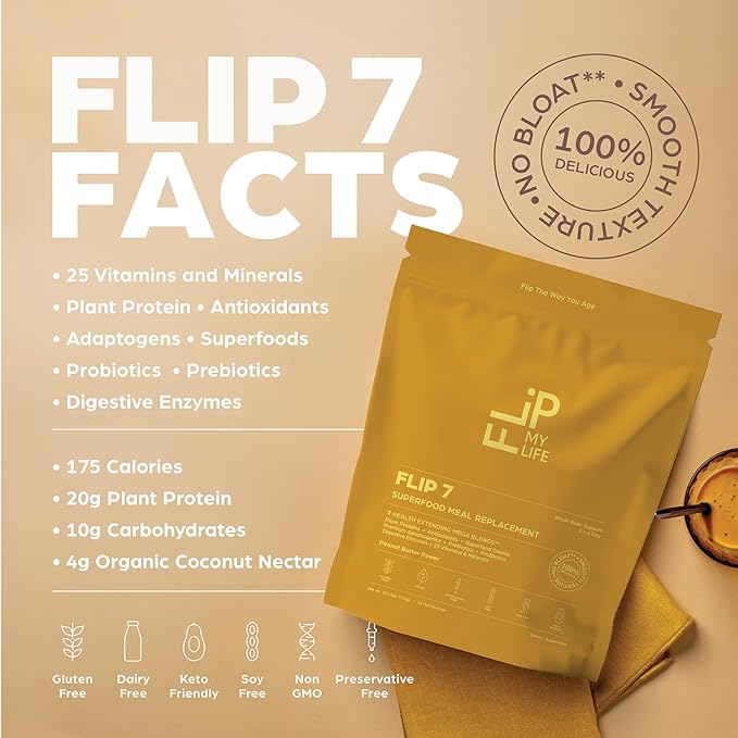 Flip My Life Flip 7 Natural SuperFood Plant-Based Protein Complete Meal Replacement to Support Healthy Gut 7 Mega Nutrient Rich Blends all in one to AGE BETTER - Peanut Butter
