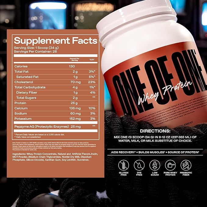 ONE of ONE Whey Protein Powder – 25g Whey Protein Concentrate with Digestive Enzymes Gluten Free Low Carb Post-Workout Recovery – Classic Vanilla Flavor 2lb