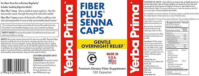 Yerba Prima Fiber Plus Senna Capsules 180 Count (Pack of 3) - 118 Servings of Gentle Overnight Relief USA Made Non-GMO for Short-Term Use to Restore Regularity