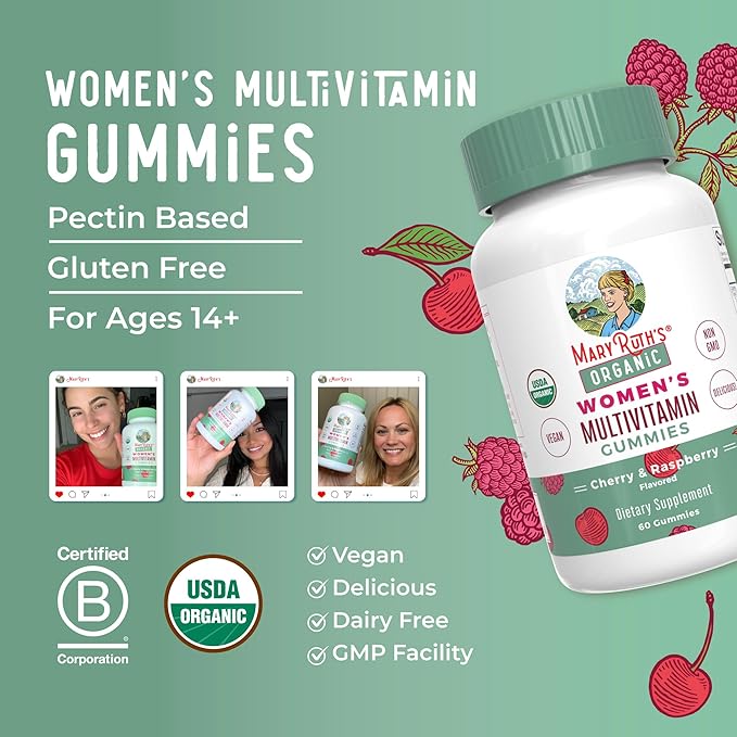 MARYRUTH'S Multivitamin Gummies for Women Ages 14+ | Immune Support | Hair &amp Skin Health | Reproductive Health | Vitamin A C D E B6 B12 Biotin Zinc Iodine | Organic | Vegan | Non-GMO | 60 Count