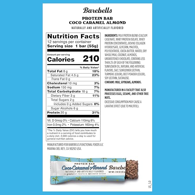 Barebells Protein Bars Coconut Caramel Almond - 12 Count 20g High Protein Treats - Chocolate Nutrition Bar with 1g Total Sugars - On-The-Go Breakfast or Post-Workout Snack (Pack of 2)