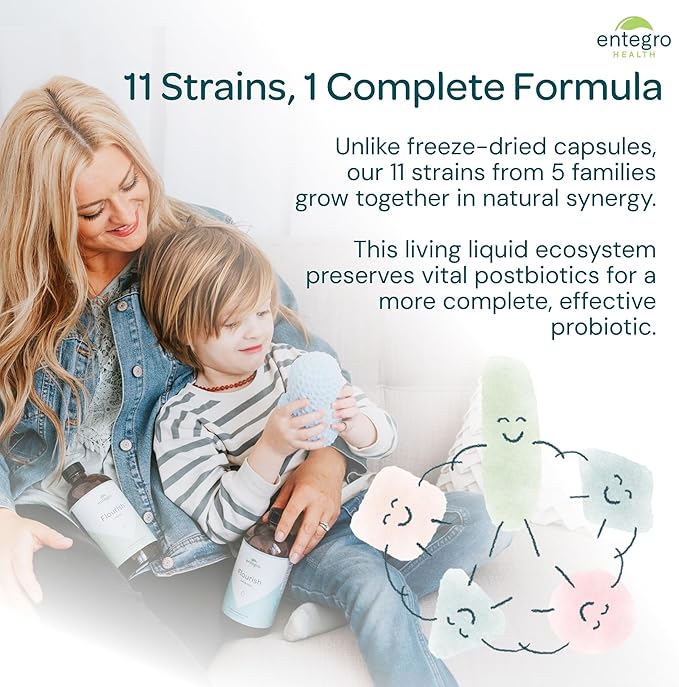 ENTEGRO Flourish Junior Liquid Probiotic &amp Postbiotic Supplement - Plastic | 11 Live Cultures | Gut &amp Digestive Health for Women Men &amp Kids | Organic Vegan Allergen Free | USA Made | 16