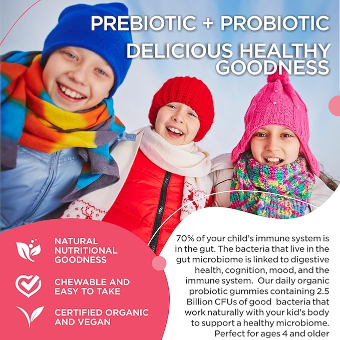 Kids Probiotic Gummies Organic Probiotics Kids for Digestive Health Immune Support Constipation Bloating. 2.5 Billion CFU Strawberry Flavor Chewable Probiotics for Children Ages 4+ 30ct (1)