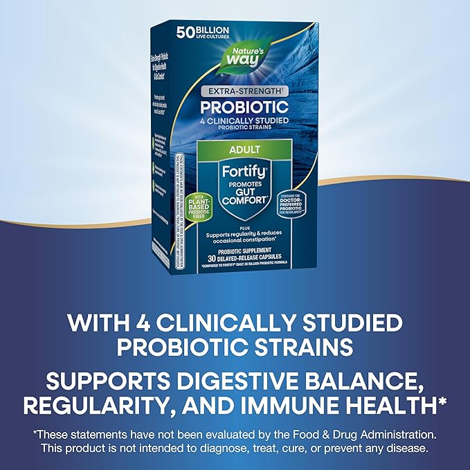 Nature's Way Extra Strength(1) Fortify Probiotic Probiotics for Digestive Health Prebiotics 50 Billion Live Cultures Digestive &amp Immune Health Support* 30 Capsules