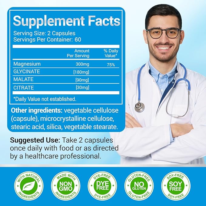 ASSR Triple Magnesium Complex – 300mg Magnesium Supplement with Glycinate Malate &amp Citrate – Supports Relaxation Muscle &amp Nerve Function – High Absorption Vegan Non-GMO 120 Capsules