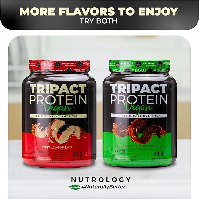Nutrology TRIPACT Vegan Protein Powder - Organic Pea Rice &amp Pumpkin Blend Meal Replacement Shake with BCAAs &amp Glutamine for Muscle Recovery &amp Immunity Peanut Butter &amp Vanilla Flavor