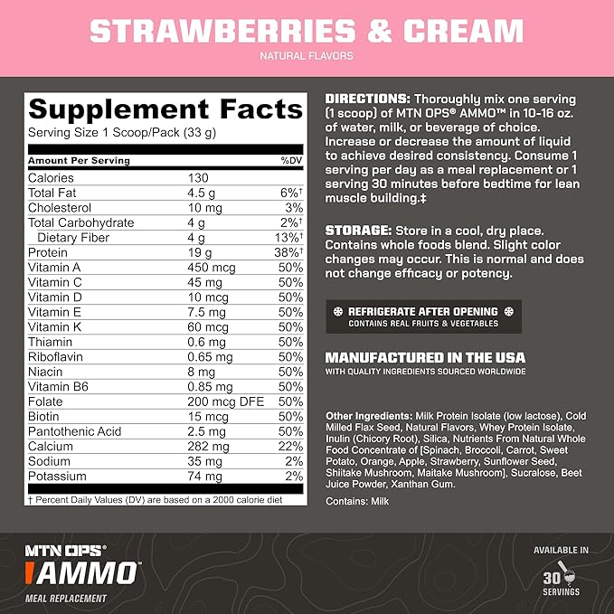 MTN OPS Ammo Meal Replacement Shake Powder – 19g Protein 10g Flaxseed 4.5g Whole Foods Real Fruits &amp Vegetables – Daily Nutrition &amp On-the-Go Fuel 30 Servings Strawberries &amp Cream