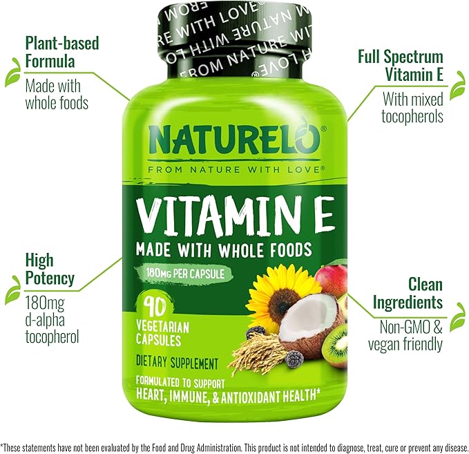 NATURELO Vitamin E Capsules 180 mg - 90 Vegan Capsules | Supports Skin Hair and Nails | Immune and Eye Health | Natural Mixed Tocopherols &amp Whole Foods | Non-GMO Dry Vitamin E