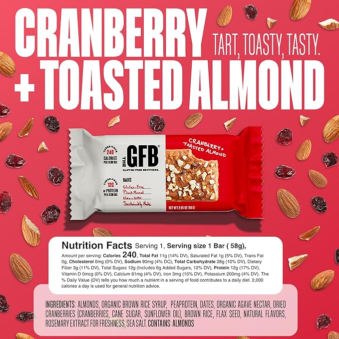 The GFB Cranberry Toasted Almond Protein Bars - Gluten Free Plant Based Non GMO Sustainably Made – Ridiculously Tasty Healthy Vegan Nutrition Snack Protein Bars 2.05 oz (12 Count)