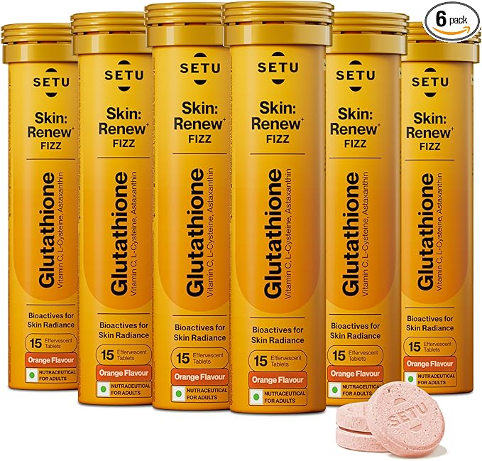 SETU Glutathione Effervescent Tablets with 500mg L-Glutathione &amp Vitamin C | Sugar-Free Antioxidant Supplement | Orange (Pack of 6)