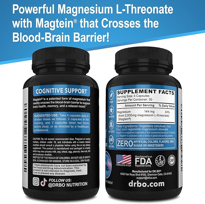Magnesium L-Threonate Magtein Capsules - Magtein Magnesium L-Threonate 2000mg Supplement Capsules for Brain Health Memory Sleep &amp Cognitive Support - Pure Treonato de Magnesio Supplement - 120 C