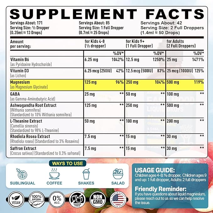 Magnesium Glycinate Liquid Drops for Kids Adults with GABA Ashwagandha L-Theanine Vitamin D3 B6 Saffron for Brain Calm Muscle Relaxation Mood Zzz- Calm Magnesium Supplement Vegan 2 Pack