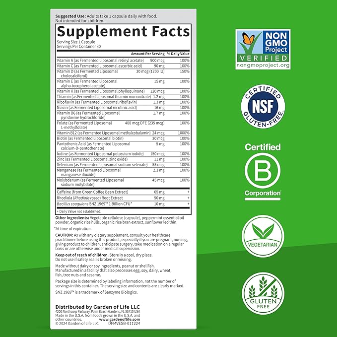 Garden of Life Dr. Formulated Multi+ Energy Support: Fermented Liposomal Multivitamin + Green Coffee Bean Extract Rhodiola &amp Probiotics - Boost Energy Support Digestion &amp Immune Health 30 C