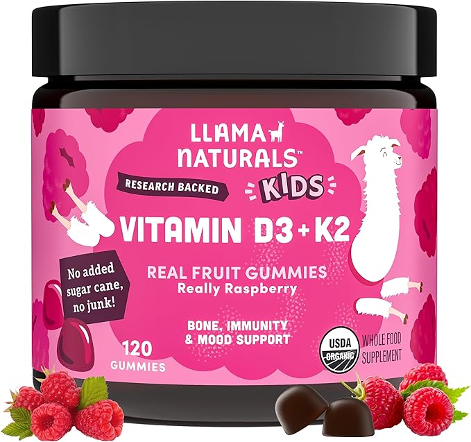 Llama Naturals Vitamin D3 K2 Gummies for Kids Vegan Organic Children Toddler Vitamin D Gummies Real Fruit Gummy Vitamins No Added Sugar Cane Raspberry 120 Ct