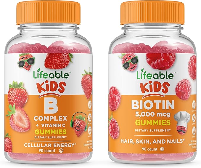 Lifeable B Complex Kids + Biotin Kids Gummies Bundle - Great Tasting Vitamin Supplement Gluten Free GMO Free Chewable Gummy