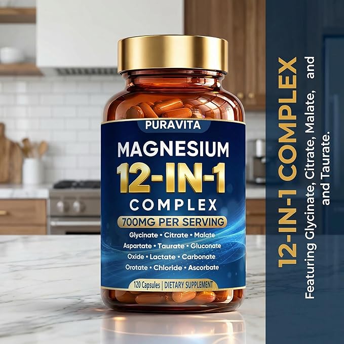 Puravita 12 in 1 Magnesium Complex Capsules - 700mg High Absorption Blend with Glycinate Citrate Malate Oxide &amp Taurate. Supports Muscle Function Nerve Health &amp Relaxation - 120 Capsules (