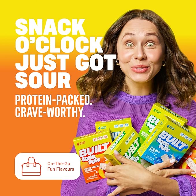 BUILT Bar Sour Puff Protein Bars - Sweet Peach Punch - 16g Protein Snack Bars with Collagen - Calorie Conscious &amp Gluten Free - 12 Count