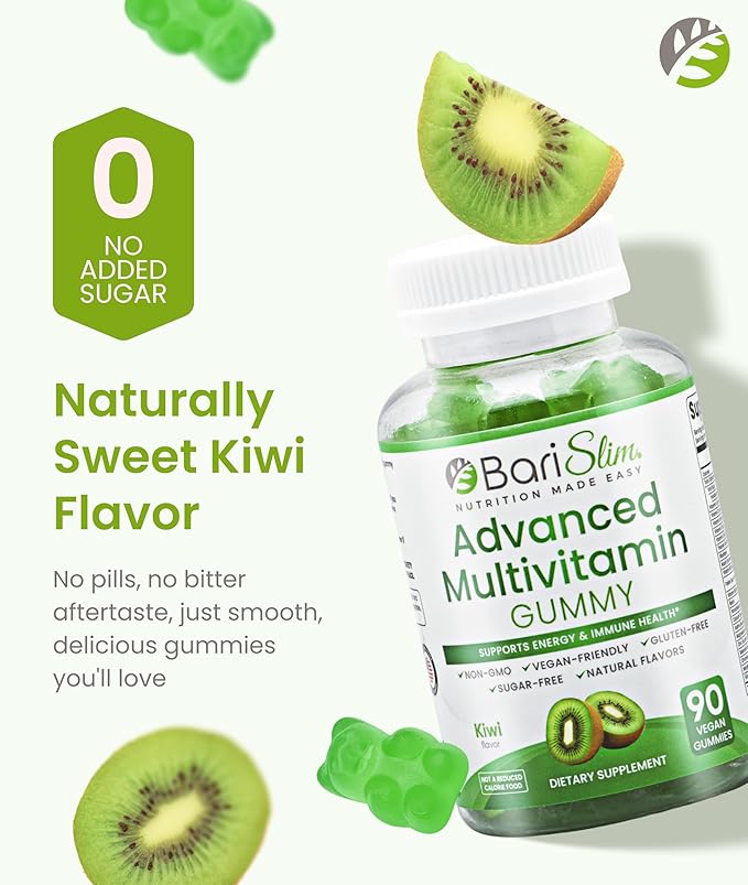 BariSlim Advanced Bariatric Multivitamin Gummies - Specially Formulated Bariatric Vitamins for Patients After Weight Loss Surgery - Supports Energy &amp Immune Health | Kiwi (90 Vegan Gummies)