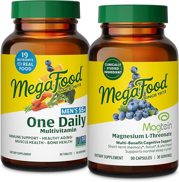MegaFood Men's 55+ One Daily Multivitamin (90 Tablets) &amp Magtein Magnesium LThreonate (90 Capsules) Bundle - Supports Energy Nervous System &amp Health - Cognitive Support - Gluten Free &amp Ve