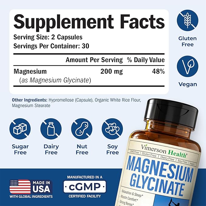 Pure Magnesium Glycinate 200mg (Glicinato de Magnesio) – Chelated Magnesium Supplement for Sleep Relaxation Muscle &amp Women’s Wellness – Better Absorbed Than Citrate or Oxide – 60 Vegan Capsules