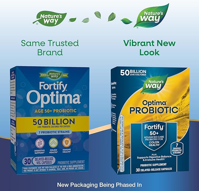 Nature's Way Fortify Optima Probiotic for Adults 50+ 50 Billion Live Cultures Supports Digestive Balance Colon &amp Immune Health* No Refrigeration Needed 30 Capsules (Packaging May Vary)
