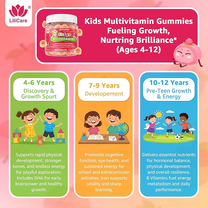 Kids Multivitamin Gummies + Iron Omega 3 Probiotic Fiber Vitamins A C D3 E K2 Methylfolate Calcium Choline Kids Vitamins Multivitamin for Growth Immune Bone Brain Focus No Sugar 60 Cts