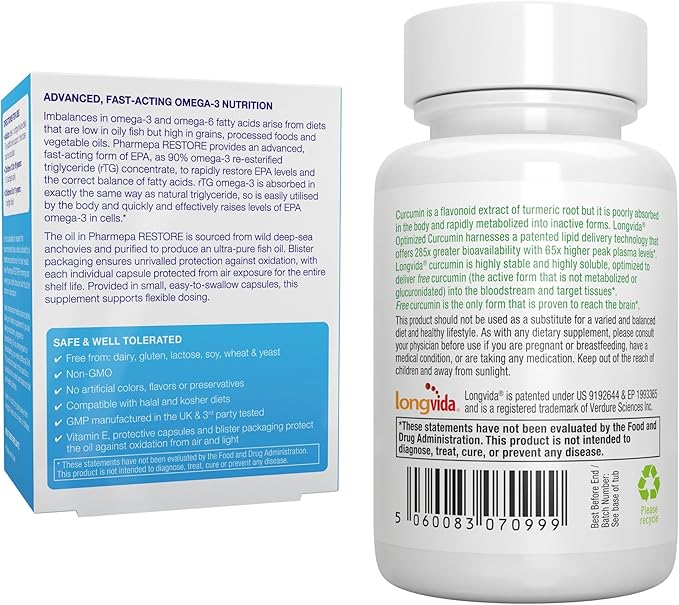 Pharmepa Restore &amp Longvida Lipidated Curcumin 500mg Bundle 1000mg Pure EPA Omega-3 Fish Oil &amp Ultra Bioavailable Curcumin by Igennus