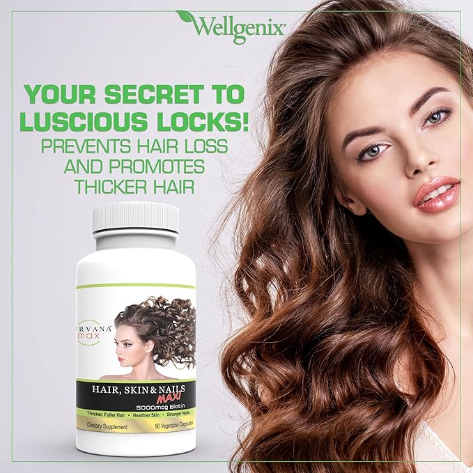 Wellgenix Purvana MAX Hair Skin and Nails Supplement – 5000mcg Biotin with MSM &amp B-Complex – Supports Thicker Hair Stronger Nails &amp Glowing Skin – 180 Veggie Capsules (2 Pack)