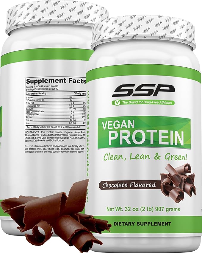 SSP Vegan Protein - Pea Isolate Hemp &amp Sacha Inchi Blend - Pre &amp Post-Workout Recovery Drink Nutrition (2 lb Chocolate)