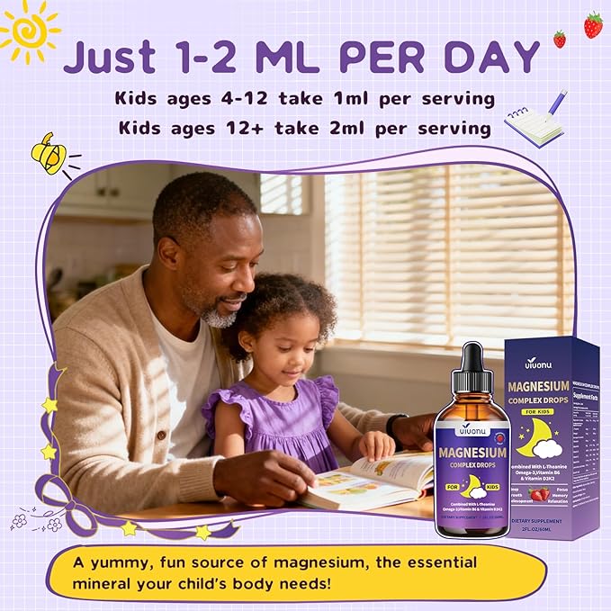 VivoNu Magnesium Drops for Kids Magnesium Glycinate Liquid for Children's Supplement with Vitamin D3 K2 B12 &amp B6 Omega 3L-theanineLemon Balm for SleepRelaxationCalmFocus Strawberry Flavor
