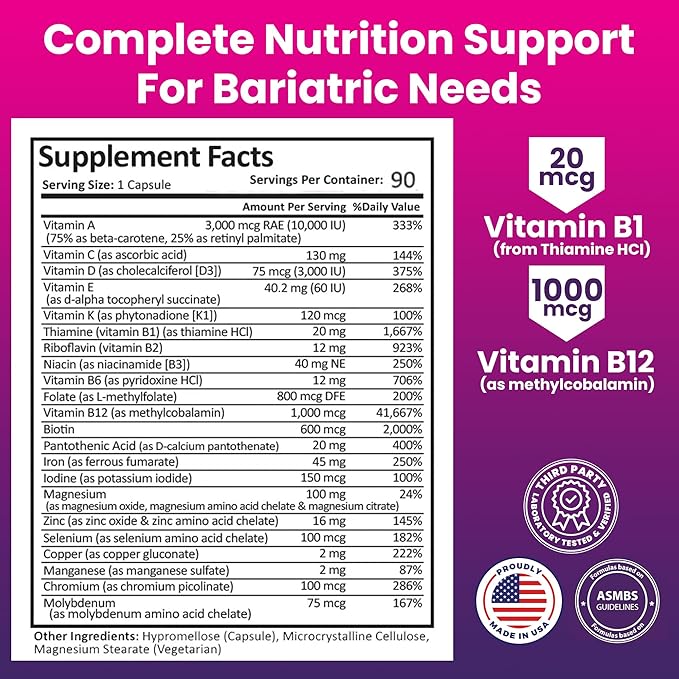 ProCare Health Bariatric Multivitamin 45mg Iron – Once Daily Capsule for Gastric Bypass Sleeve &amp Post-Op Support – 90 Easy-to-Swallow Capsules 3-Month Supply No Artificial Colors Gluten-Free