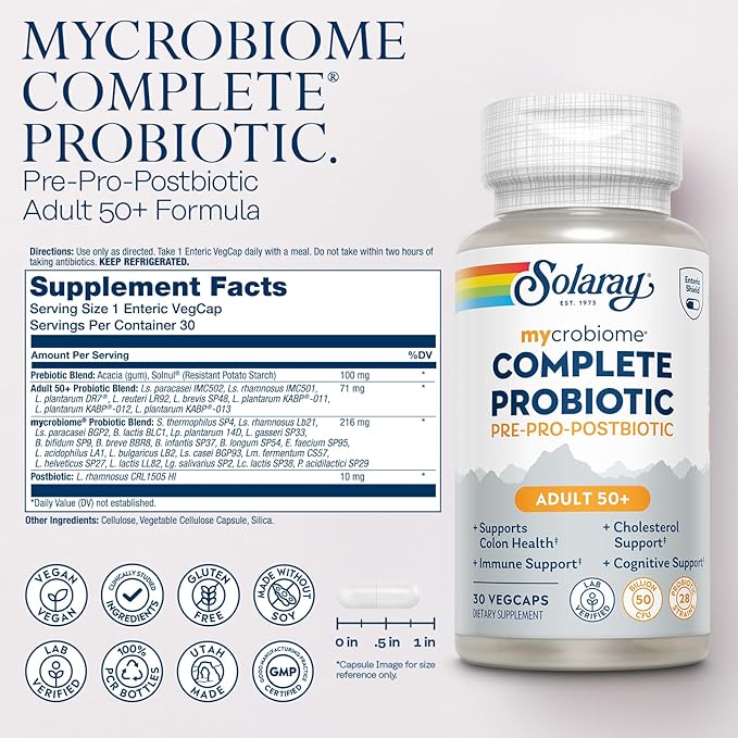 SOLARAY Mycrobiome Complete Probiotic Adult 50 Plus - Pre and Probiotics for Women and Men Plus Postbiotic - 50 Billion CFU 28 Strains - Vegan - 30 Servings 30 VegCaps