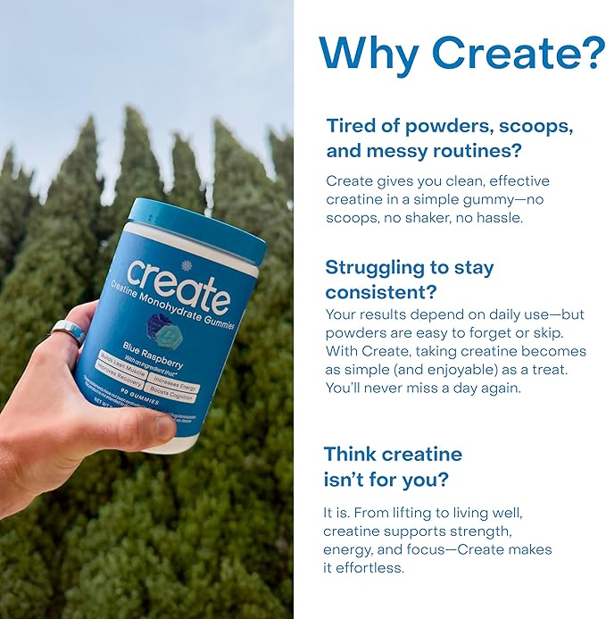 Create Creatine Monohydrate Gummies for Men &amp Women Boost Focus Strength and Endurance Anti-Melting Formula Vegan Gluten-Free Non-GMO 1.5g of Creatine per Gummy (Blue Raspberry)