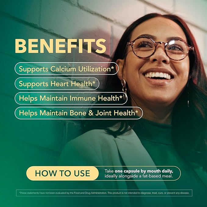 Vitamin D3 K2 Supplement 5000 IU K2 D3 Vitamin Capsules Vegan Non-GMO Gluten Free 30 Capsules 30 Day Supply