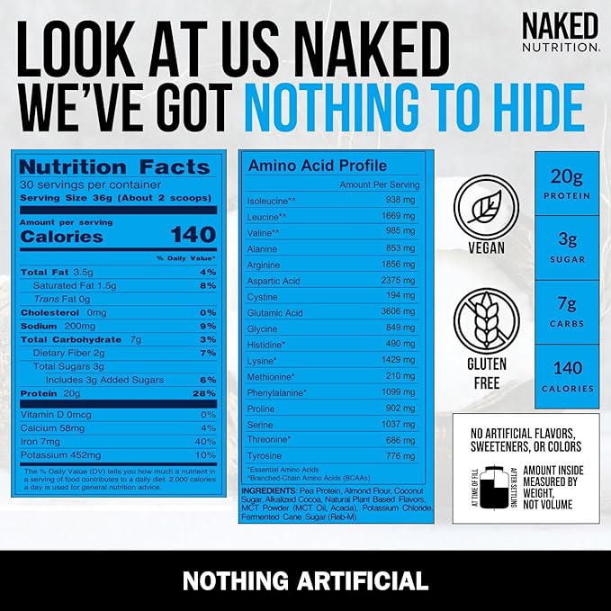 NAKED Shake - Chocolate Coconut Almond Protein Powder - Flavored Plant Based Protein from US &amp Canadian Farms with MCT Oil Gluten-Free Soy-Free No GMOs or Artificial Sweeteners - 30 Servings