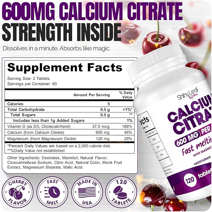 Fast Melting Calcium Citrate 600mg with Vitamin D3 and Magnesium - 120 Ct x 2 Pack Smooth Dissolving Cherry Flavor Tablets Non-Chalky Bariatric Calcium for Post Surgery