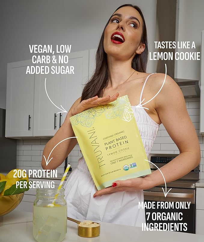 Truvani Vegan Pea Protein Powder | Lemon Cookie | 20g Organic Plant Based Protein | 20 Servings | Keto | Gluten &amp Dairy Free | Low Carb | No Added Sugar
