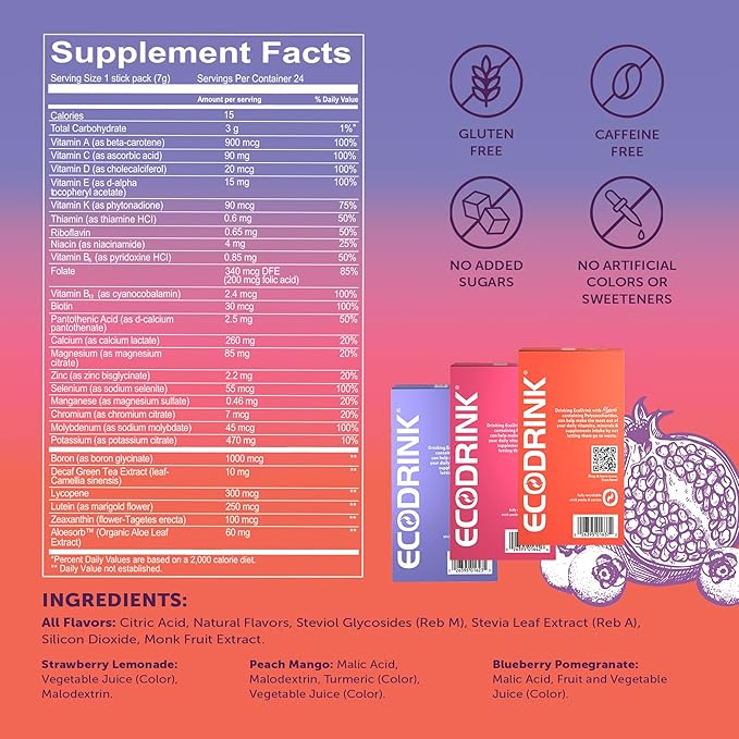 Lily of The Desert EcoDrink Nutrient Support Hydration Packets (3 Flavors) – Naturally Sweetened Multivitamin Electrolyte Mix with Aloe 24 Stick Packs/Box 0.25 Oz Ea