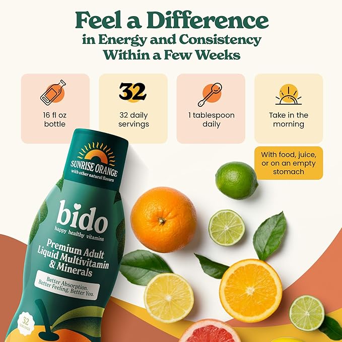 Bido Adult Liquid Multivitamin &amp Minerals for Women and Men | 60+ Nutrients for Energy Immunity Mood | Orange Flavor 32 Servings