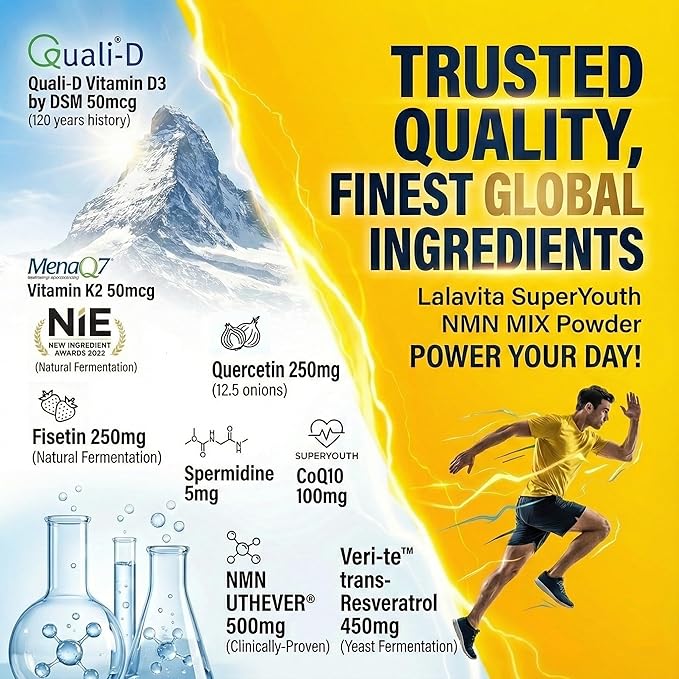 SuperYouth NMN Mix Powder Supplement 8-in-1 60 Stick Packs 2g per Pack Longevity Formula with Resveratrol Fisetin CoQ10 Quercetin Spermidine Natural Lemon Flavor 4.23 oz Total